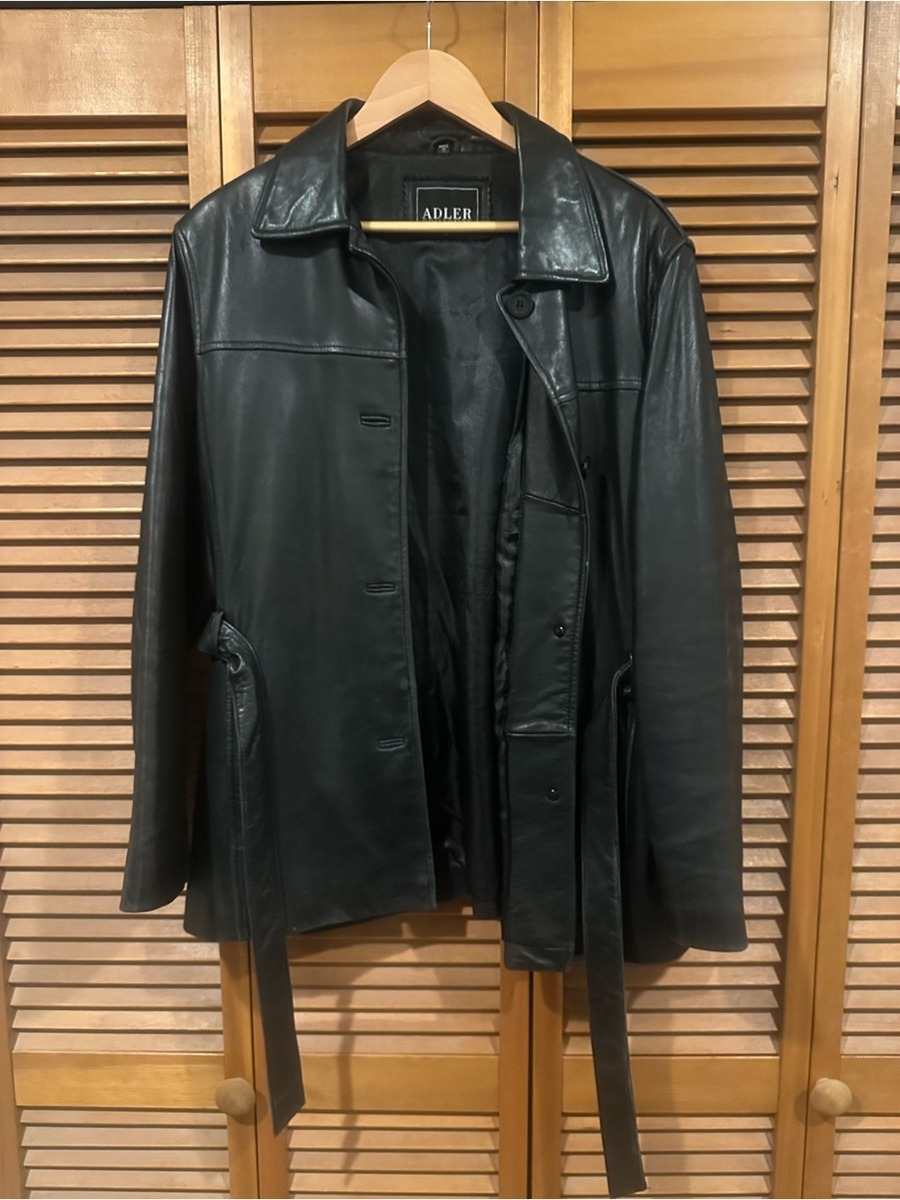 Vintage Adler Collection Black Button-Front Leather Jacket w/ Waist Tie